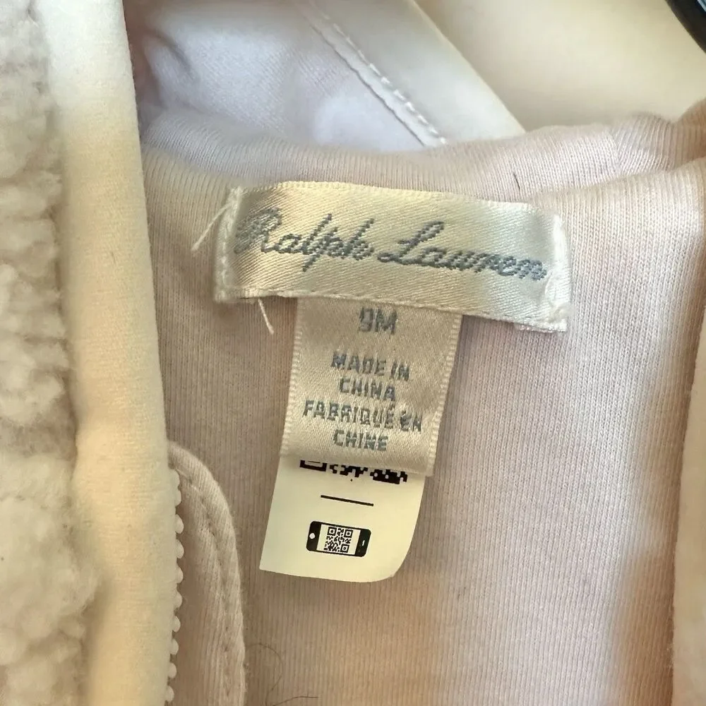 Ralph Lauren One Pc Coverall Hood Girls 9 Mo Pink Teddy Bear Fleece Petal Pink